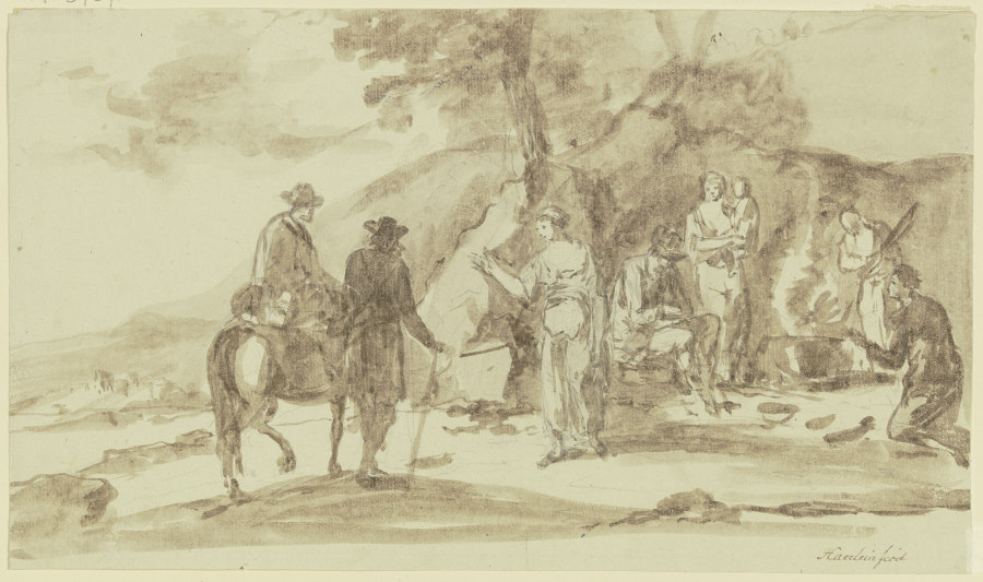 Rechts an einem Berghang eine Gruppe von vier Personen mit einem Kind bei einer Feuerstelle, links b from Johann Andreas Herrlein