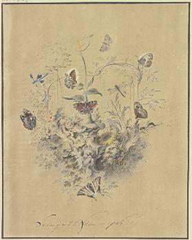 Rocaille-Ornament mit einer Kalla und anderen Blumen, Schmetterlingen wie Perlmutterfalter, Pfauenau