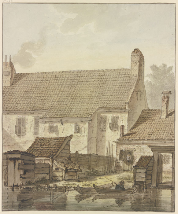 Häuserzeile am Wasser, vorne zwei Kähne mit einem Angler from Johannes Hendrik Knoop