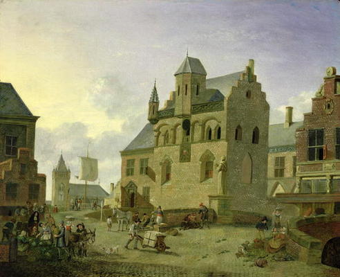 Town square with figures and peasants trading in a market place (panel) from Johannes Huibert Prins