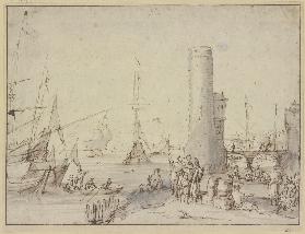 Ein Hafen mit einem Leuchtturm, im Vordergrund figürliche Staffage, unter anderem eine Gruppe von zw