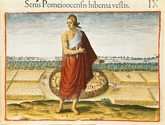 Pomeiooc Elder in a winter garment, from ''Admiranda Narratio'', published  by Theodore de Bry from John Bry Theodore de (1528-98) after White