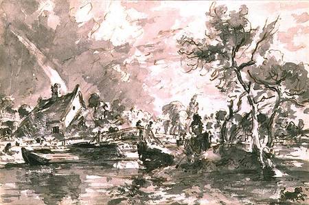 Flatford Old Mill Cottage on the Stour, pen and wash from John Constable