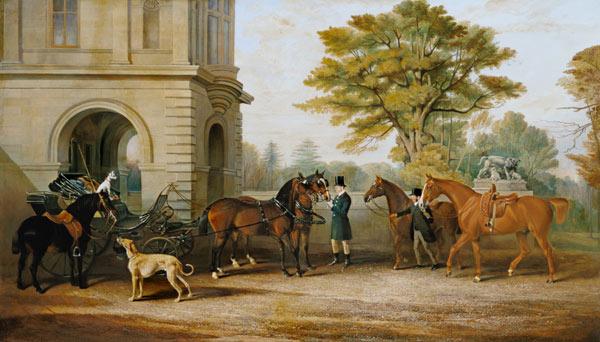 Lady Williams-Wynn horses and a coach in front of castle Wynnstay