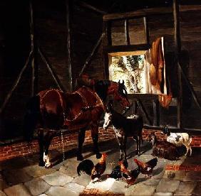 Stable Interior with Cart Horse and Donkey