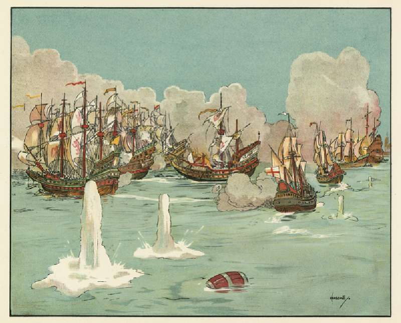 The first days fighting with the invincible Armada (colour litho) from John Hassall