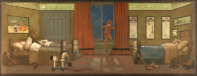 The Darling Family Nursery: Peter Enters in Search of his Shadow and Wendy Awakes, Illustration from from John Hassall