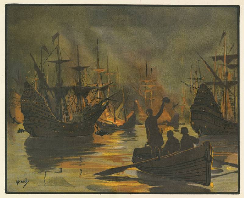 The invincible Armada attacked by fire ships (colour litho) from John Hassall