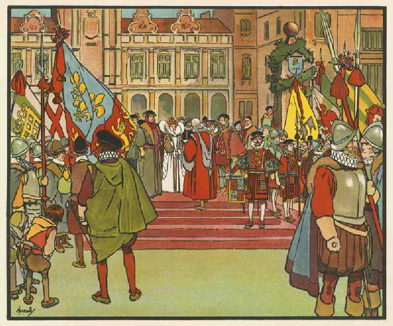 Elizabeth I proclaimed Queen at Hatfield (colour litho) from John Hassall