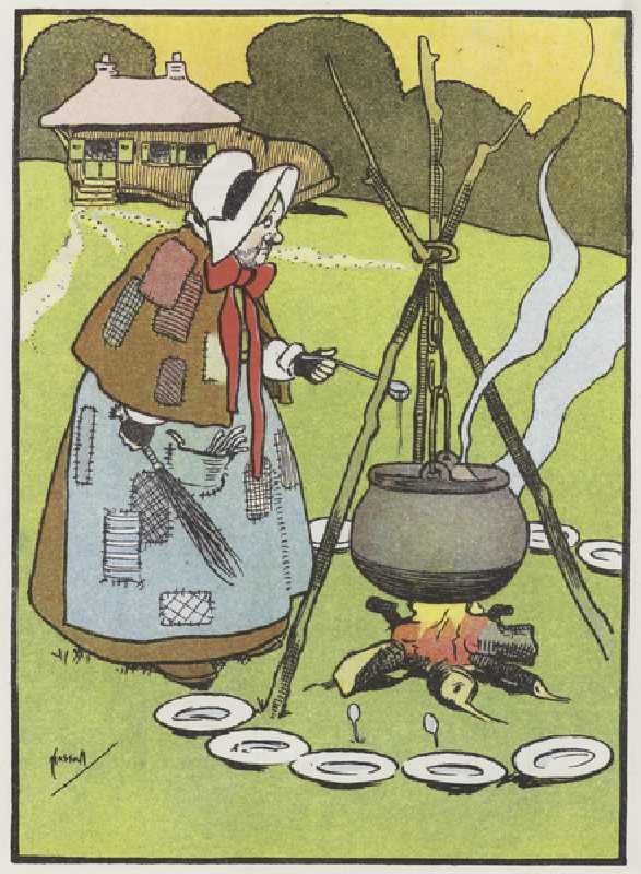Cooking the broth (colour litho) from John Hassall