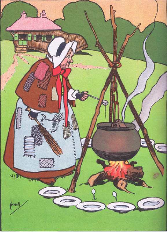 Cooking the broth, from Blackies Popular Nursery Rhymes published by Blackie and Sons Limited, c.192 from John Hassall