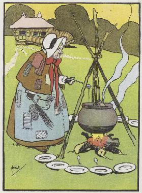 Cooking the broth (colour litho)