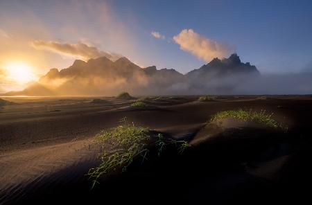 Vestrahorn shrouded in mist and clouds