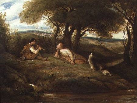 Young Man Playing Music to a Shepherd and his Dogs from John Linnell