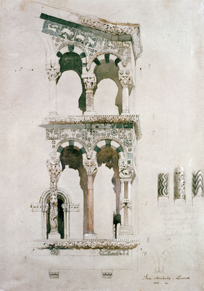 Detail of the facade of San Michele in Foro, Lucca, 1845 (w/c on paper) from John Ruskin