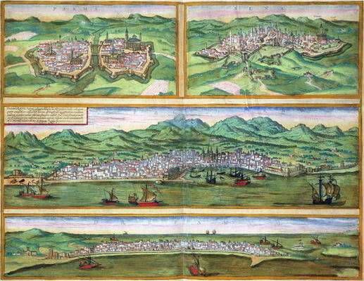 Map of Parma, Siena, Palermo, and Drepanum, from 'Civitates Orbis Terrarum' by Georg Braun (1541-162 from Joris Hoefnagel