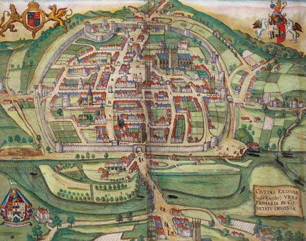 Map of Exeter, from 'Civitates Orbis Terrarum' by Georg Braun (1541-1622) and Frans Hogenberg (1535- from Joris Hoefnagel