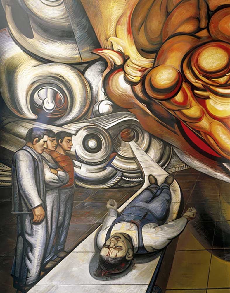 Workers world, victim of capitalism, Hospital de la Raza, detail of Auditorium ceiling with frescoes from José Clemente Orozco