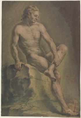 Akt eines auf einem Stein sitzenden Mannes, nach rechts blickend