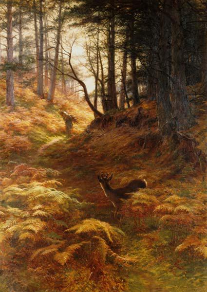 Woodland landscape with brushwood collector and roebuck