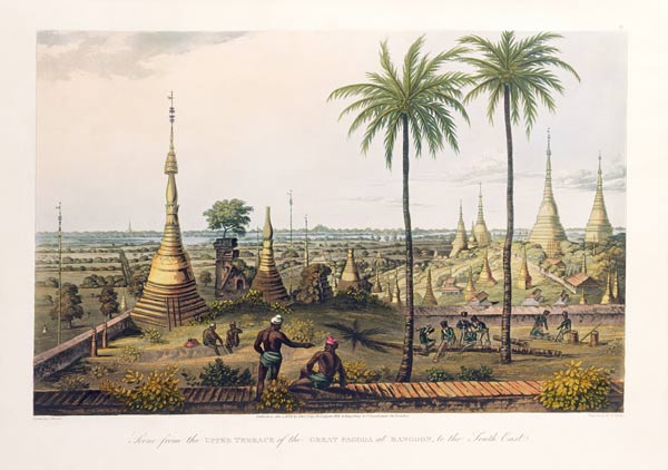 Scene from the Upper Terrace of the Great Pagoda at Rangoon, to the South East, engraved by H. Pyall from Joseph Moore
