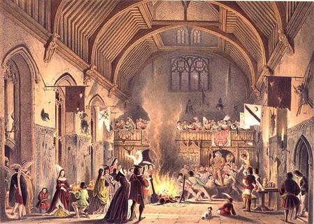 Banquet in the baronial hall, Penshurst Place, Kent, from 'Architecture in the Middle Ages' from Joseph Nash