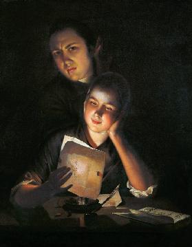 A Girl reading a letter by Candlelight, with a Young Man peering over her shoulder