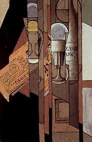 Glasses, newspaper and wine bottle from Juan Gris