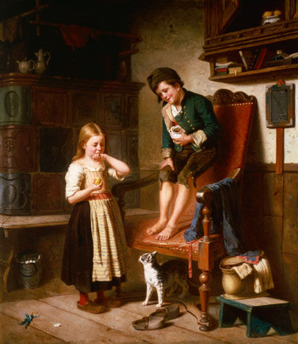 Two children with cat at a tiled stove from Julius Geerts