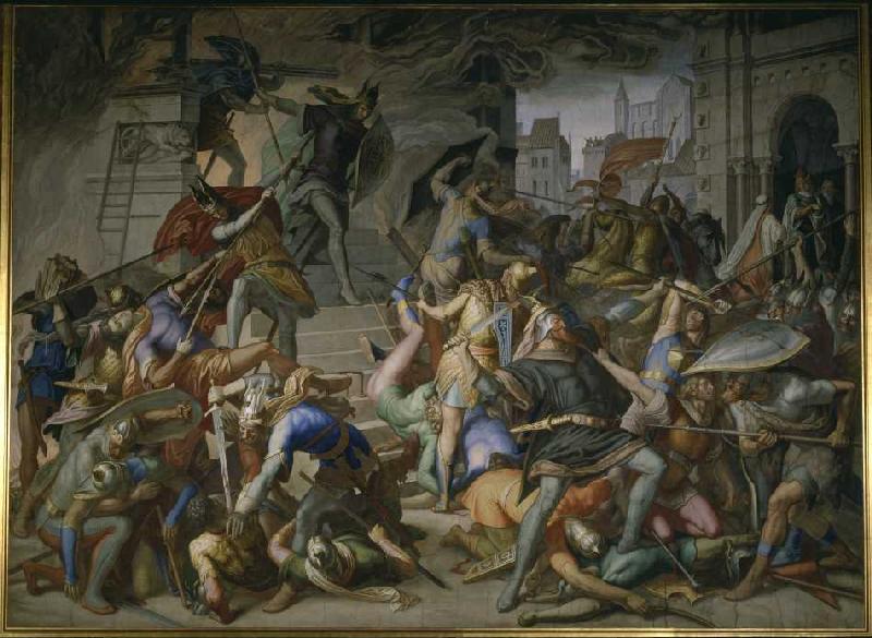 The fight at the score's fresco in the hall of the revenge (Nibelung halls) in the residence Munich from Julius Schnorr von Carolsfeld