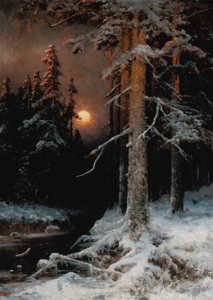Wintry woodland landscape with full moon. from Julius Sergius von Klever