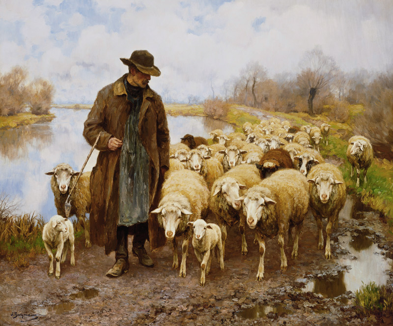 Ein Schäfer mit seiner Herde am See. from Julius Hugo Bergmann