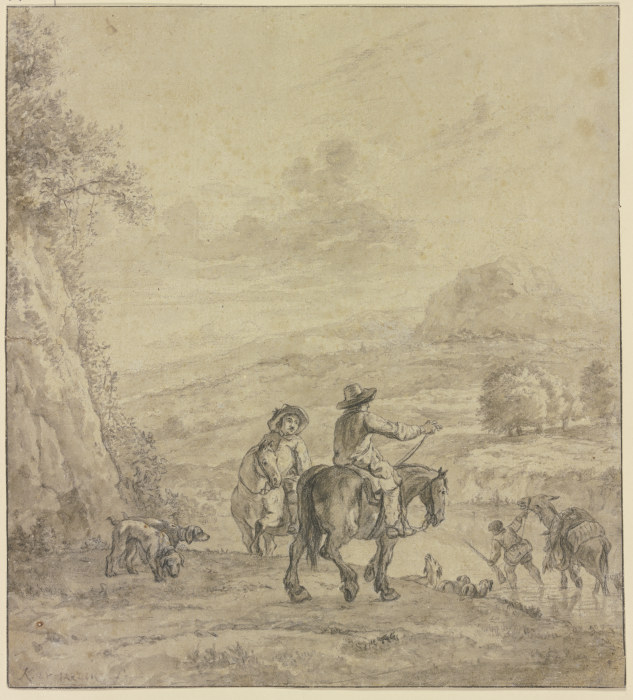 Zwei Reiter an einem Wasser, durch welches ein bepackter Esel geführt wird from Karel Dujardin