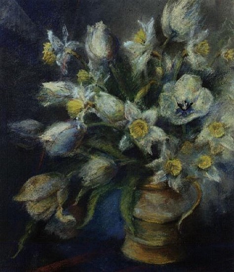 Daffodils, Ice Follies and Tulips, Diana in a brown jug (pastel)  from Karen  Armitage