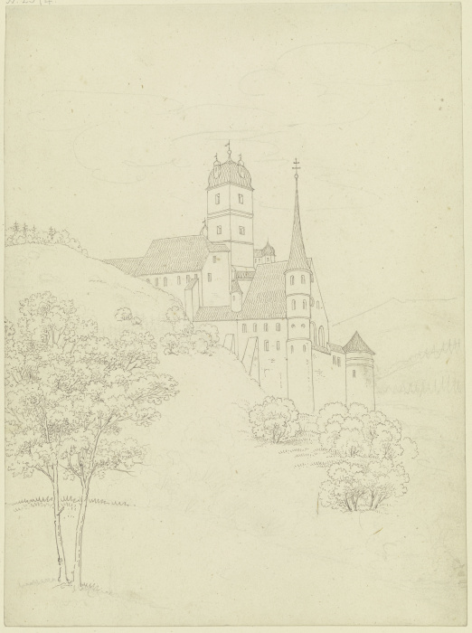 Schloß am Abhang eines Berges mit einem viereckigen und einem sehr hohen und schmalen runden Turm, v from Karl Ballenberger