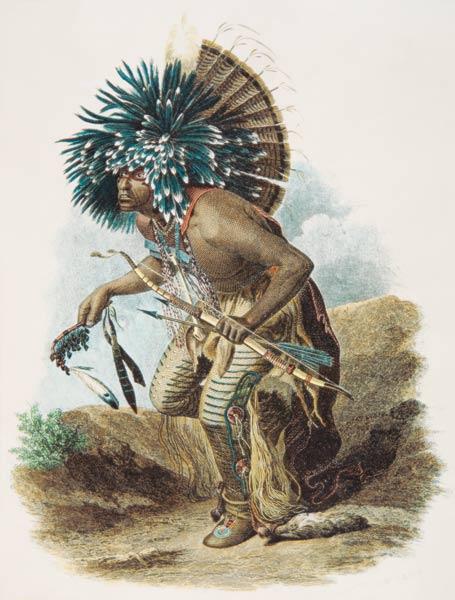 Medicine man of the Mandan tribe in the costume of the Dog Dance, 1834 (colour litho)