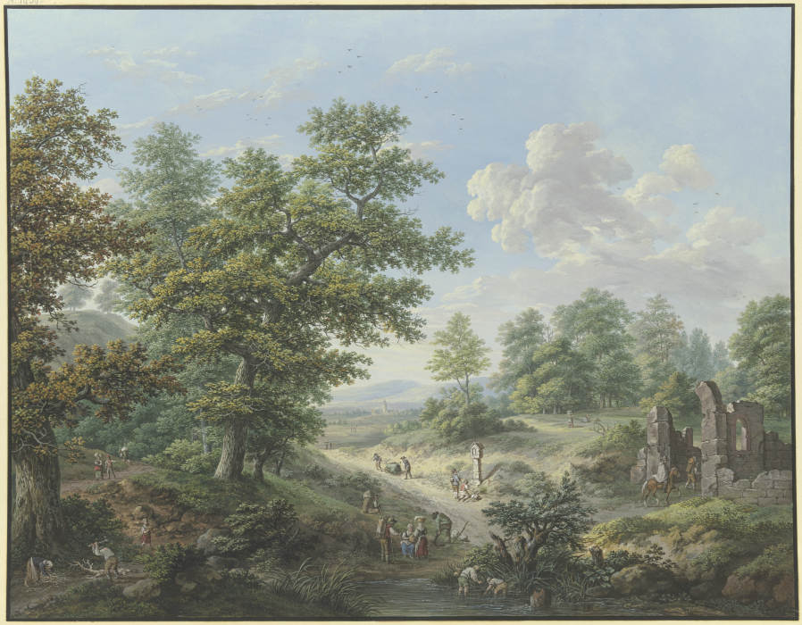 Waldausgang, rechts die Ruine einer Kapelle, in die ein Reiter hineinreitet from Karl Franz Kraul