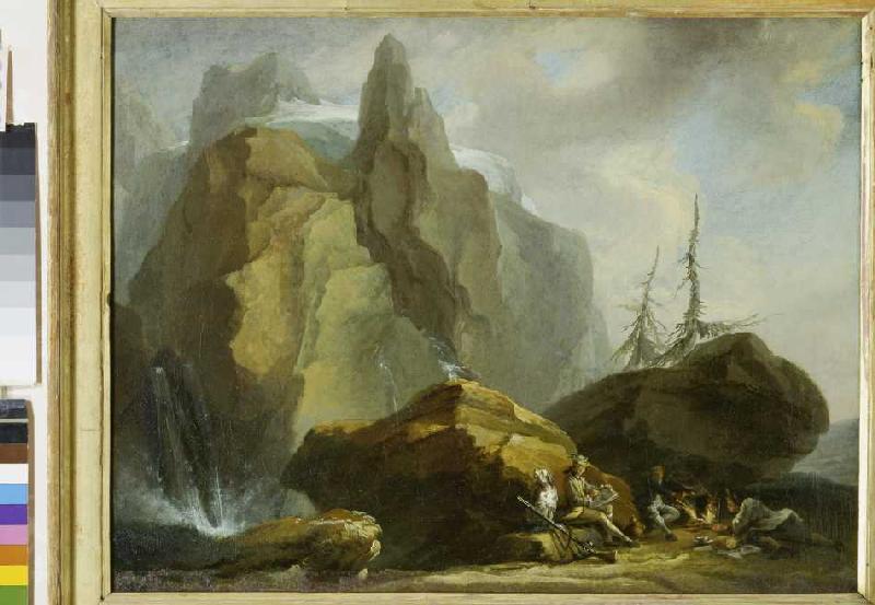 Mountainlandscape with resting Mountaineers and the Painter from Kaspar Wolf