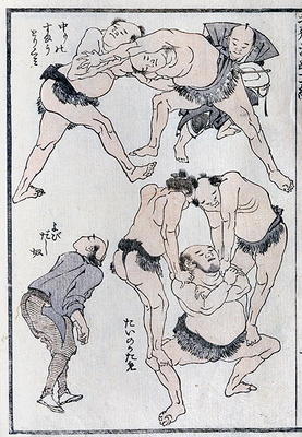 Studies of gestures and postures of wrestlers, from a Manga (colour woodblock print) from Katsushika Hokusai