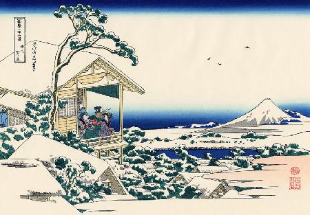 Tea house at Koishikawa. The morning after a snowfall (from a Series "36 Views of Mount Fuji")