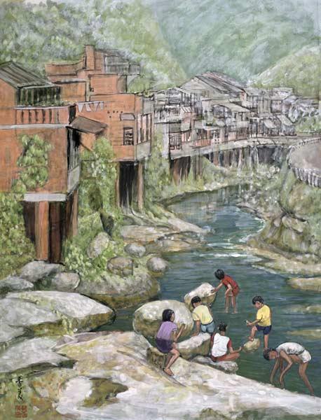 Village by the River, 1992 (gouache on silk) 