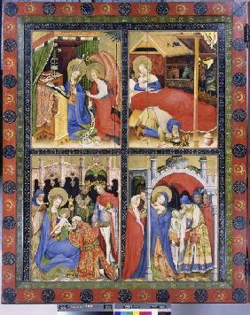 Altarflügel - Links: o.li. Ankündigung der Geburt Christi, o.re. Geburt Christi, u.li. Anbetung der 