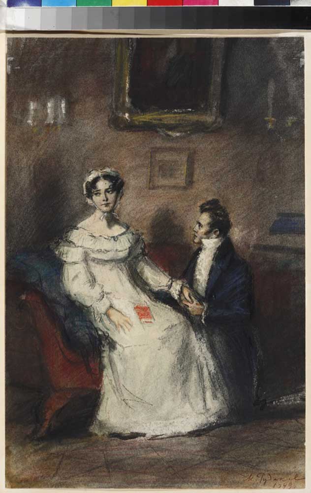 Tatyana and Onegin. Illustration for the novel in verse "Eugene Onegin" by A. Pushkin from Konstantin Iwanowitsch Rudakow