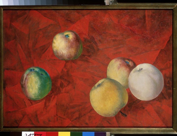 Apples on the red background from Kosjma Ssergej. Petroff-Wodkin