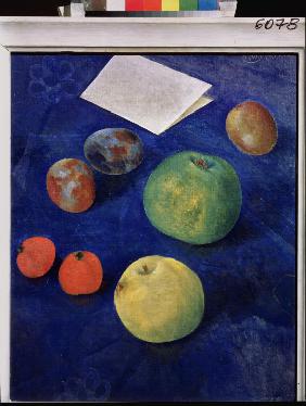 Fruit on blue Tablecloth