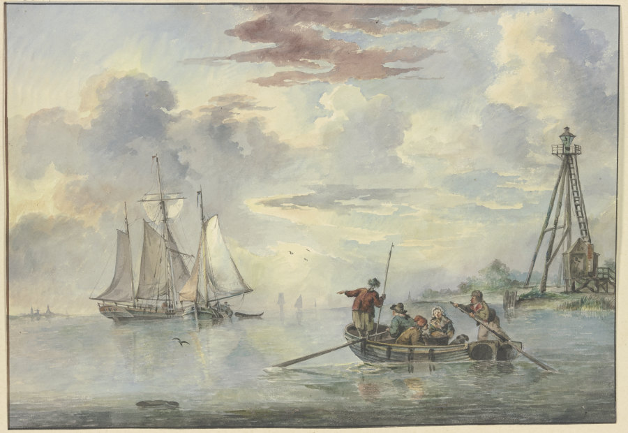 Ruhige See, die Sonne geht auf, im Vordergrund steuert ein Boot mit mehreren Personen zwei Schiffen  from Leendert de Koningh