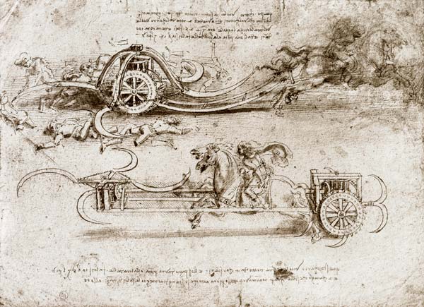 Battle chariots armed with scythes (pen & ink on paper) from Leonardo da Vinci