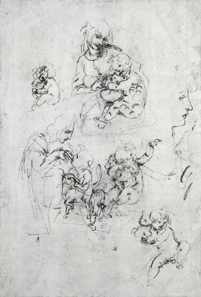 Studies for a Madonna with a cat, c.1478-80 (pen and ink over black chalk on paper) from Leonardo da Vinci