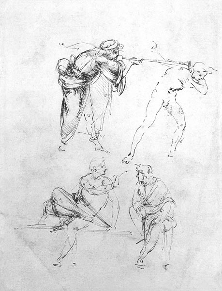 Study of a man blowing a trumpet in another''s ear, and two figures in conversation, c.1480-82 (pen  from Leonardo da Vinci