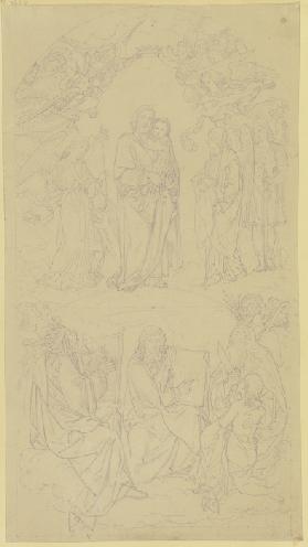 Joseph mit dem Jesuskind auf dem Arm, von musizierenden und ihn krönenden Engeln umgeben, unten Köni